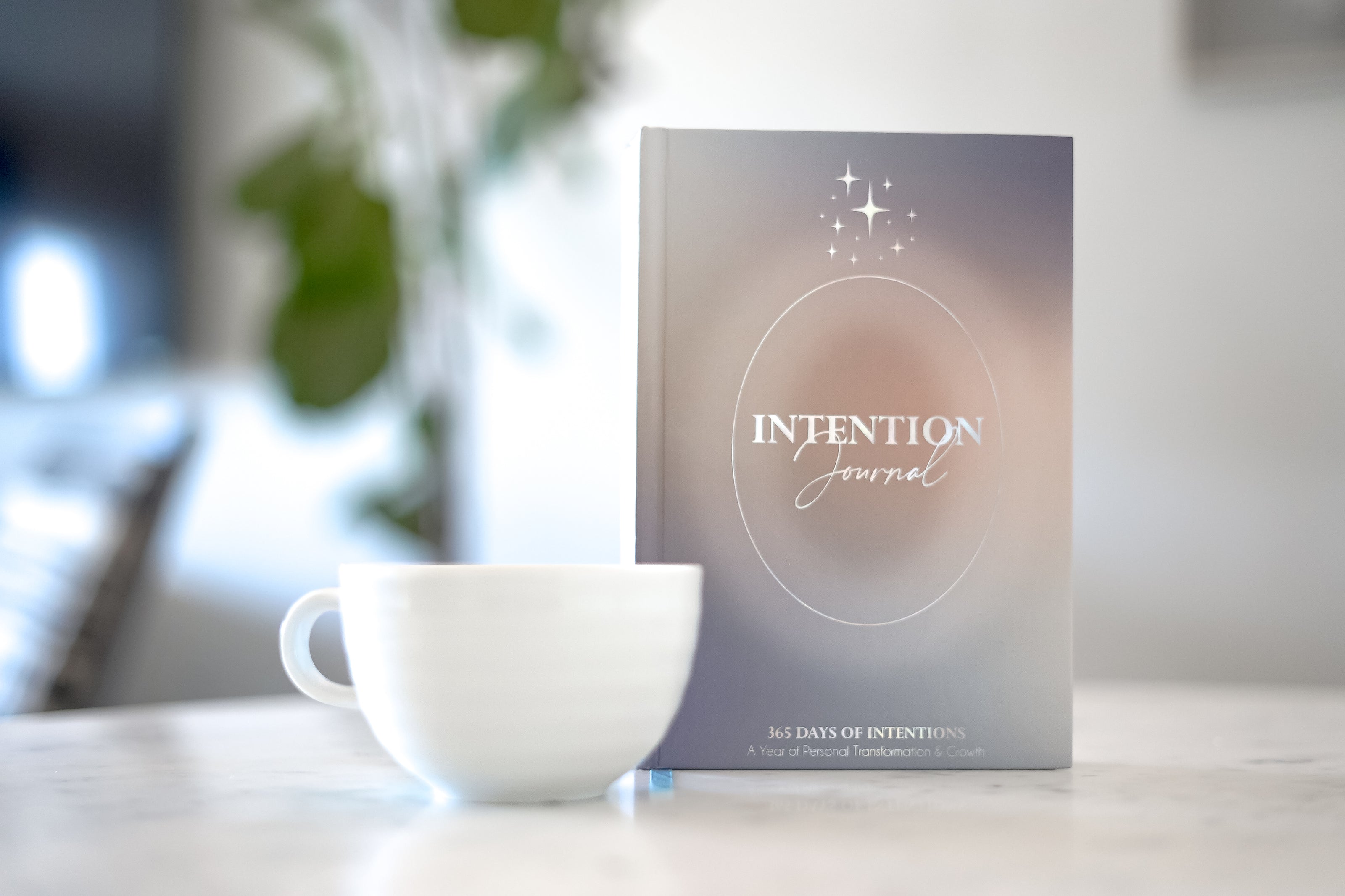 Hardcover 365 intention journal placed on acounter with a white coffee mug