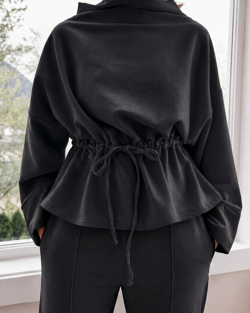 A person shown from the back wearing a black long-sleeve top with a drawstring waist and black pants, standing indoors near a window.